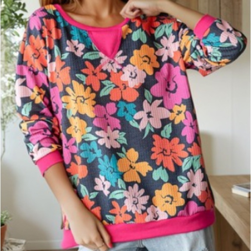 Hopely Waffleknit Bright Floral Oversized Top